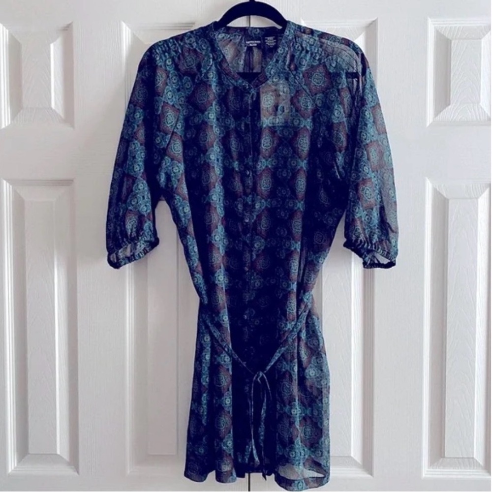 CANYON RIVER BLUES PAISLEY BUTTON FRONT SEMI SHEER HALF SLEEVE BLOUSE TOP Blue L